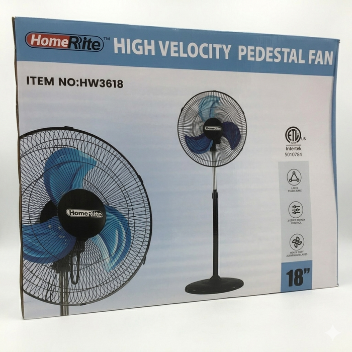Box of HomeRite high velocity pedestal fan with illustrations and text on a white background