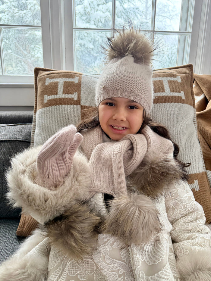 Honeycomb Beige Cashmere Fur Pom Scarf - Beige Fur Poms - Petite Maison Kids