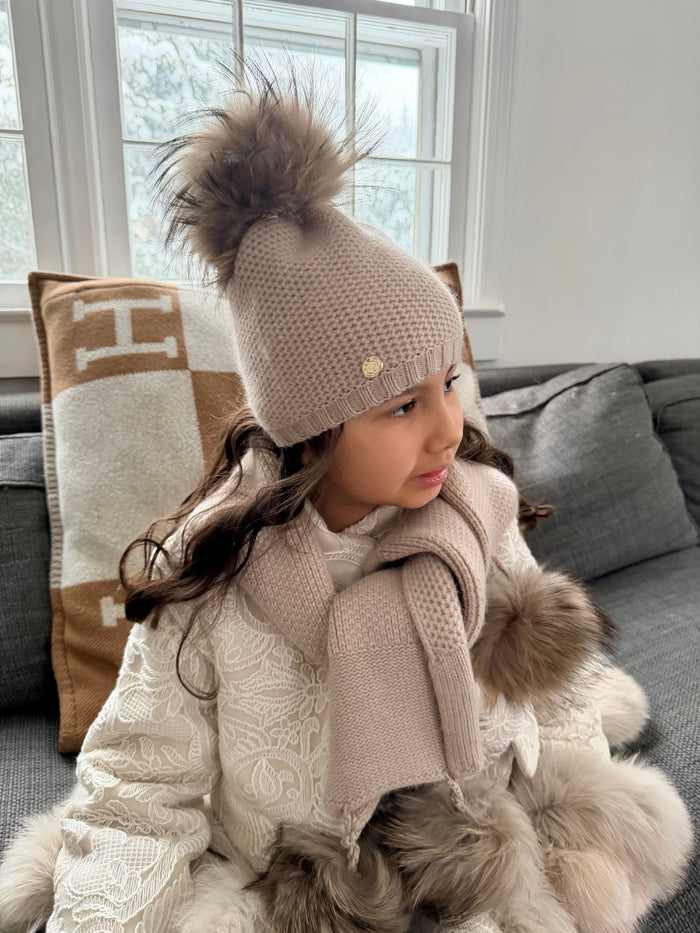 Honeycomb Beige Cashmere Fur Pom Scarf - Beige Fur Poms - Petite Maison Kids