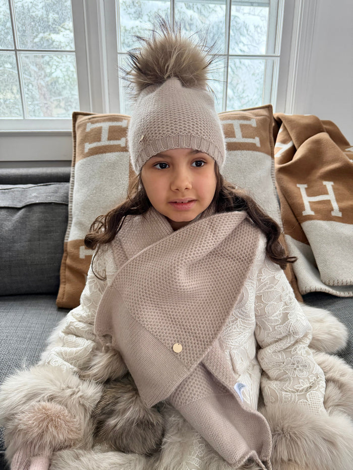 Honeycomb Beige Cashmere Beanie with Beige Pom - Petite Maison Kids