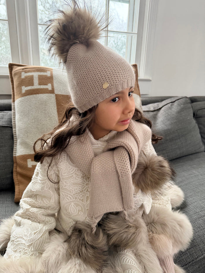 Honeycomb Beige Cashmere Beanie with Beige Pom - Petite Maison Kids
