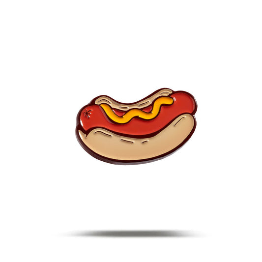 The Hot Dog - Ball Marker features a cartoon-style hot dog with mustard, centered on a white background with a soft shadow—ideal for customizing your magnetic heavy metal ball marker.