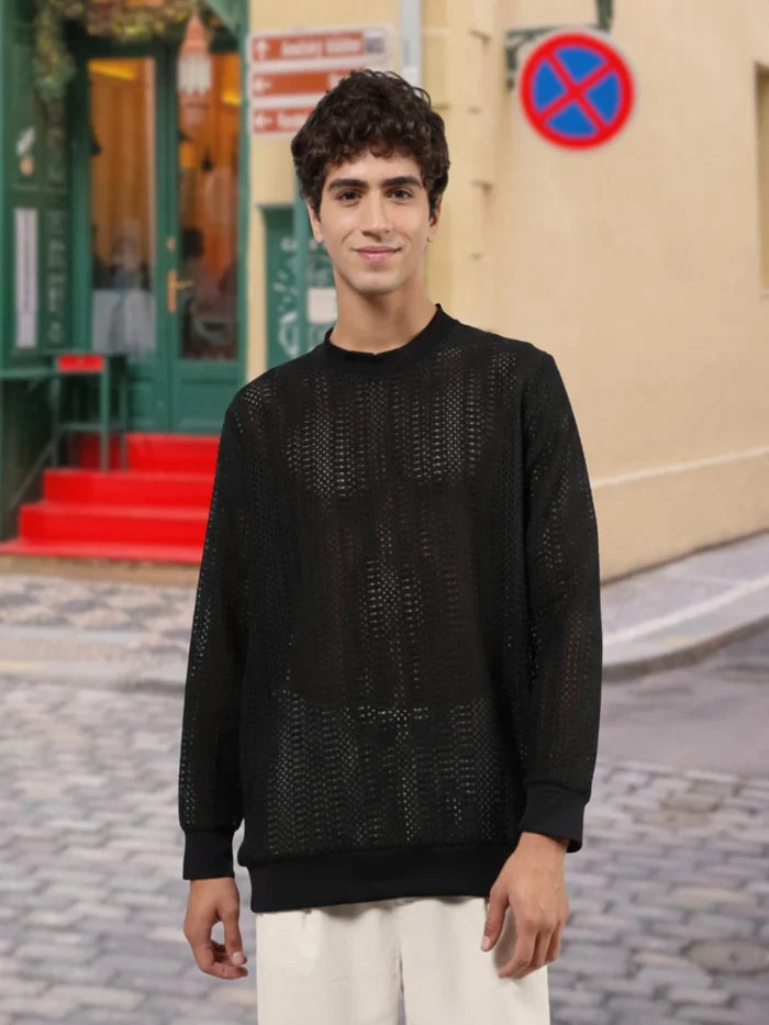 House Of Koala Black Oversized Fit Premium Cotton Crochet T-Shirt