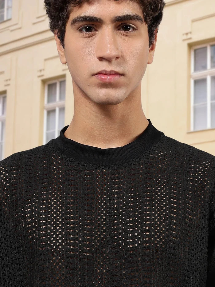 House Of Koala Black Oversized Fit Premium Cotton Crochet T-Shirt