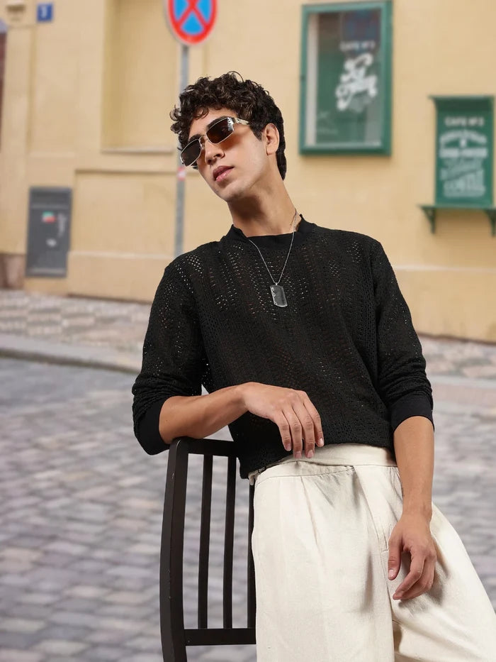 House Of Koala Black Oversized Fit Premium Cotton Crochet T-Shirt