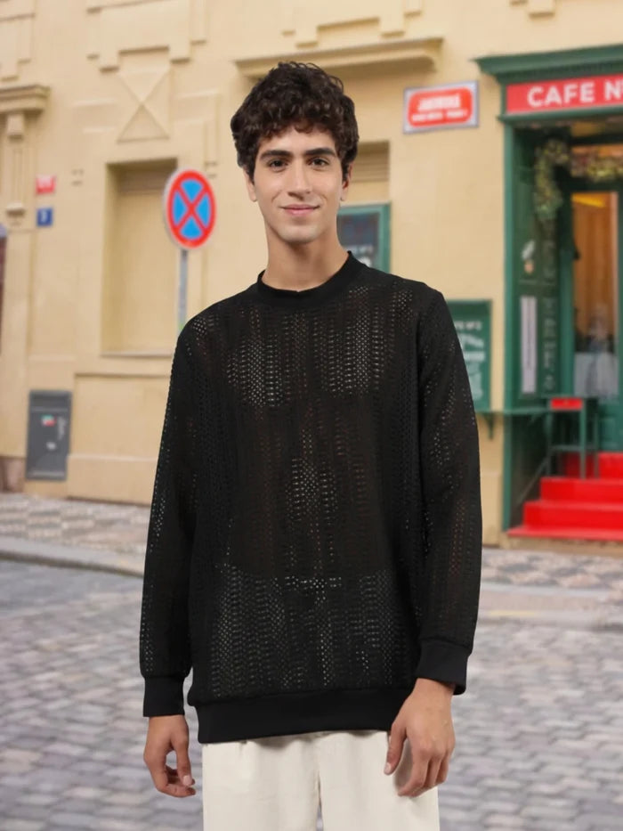 House Of Koala Black Oversized Fit Premium Cotton Crochet T-Shirt