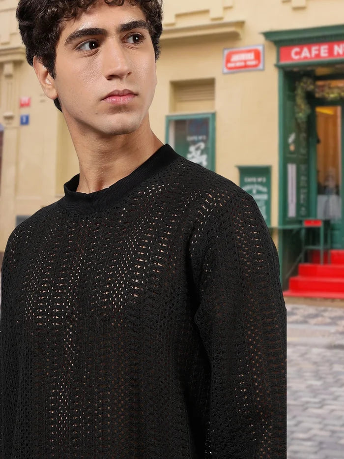 House Of Koala Black Oversized Fit Premium Cotton Crochet T-Shirt