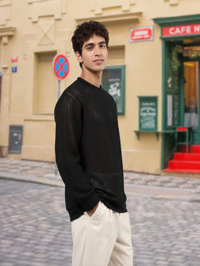 House Of Koala Black Oversized Fit Premium Cotton Crochet T-Shirt