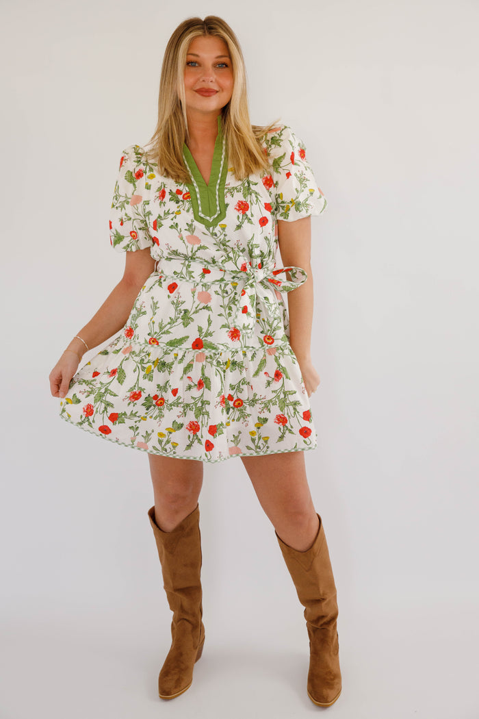Cottagecore Puff Sleeve Dress- Green Trim Boutique Spring Dress