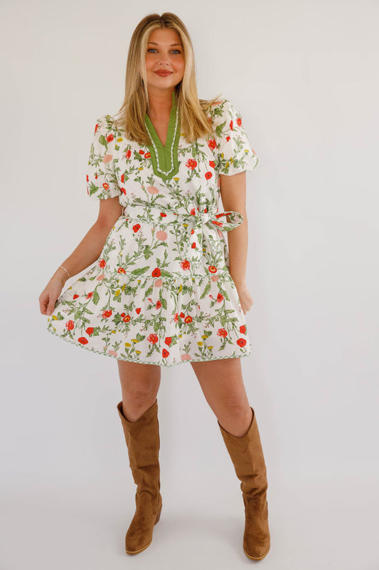Cottagecore Puff Sleeve Dress- Green Trim Boutique Spring Dress
