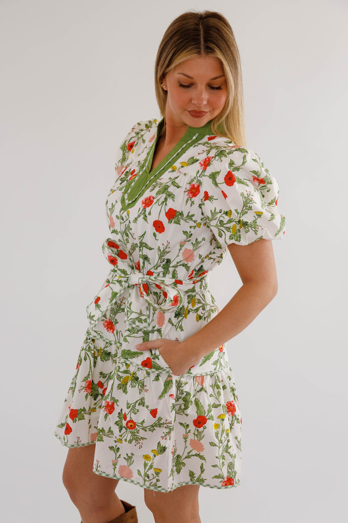 Cottagecore Puff Sleeve Dress- Green Trim Boutique Spring Dress