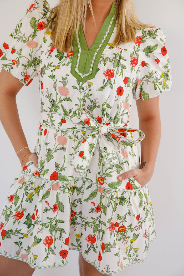 Cottagecore Puff Sleeve Dress- Green Trim Boutique Spring Dress