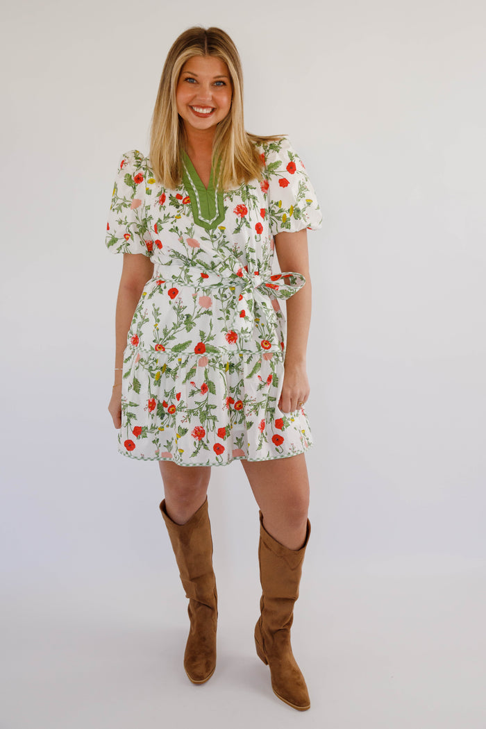 Cottagecore Puff Sleeve Dress- Green Trim Boutique Spring Dress