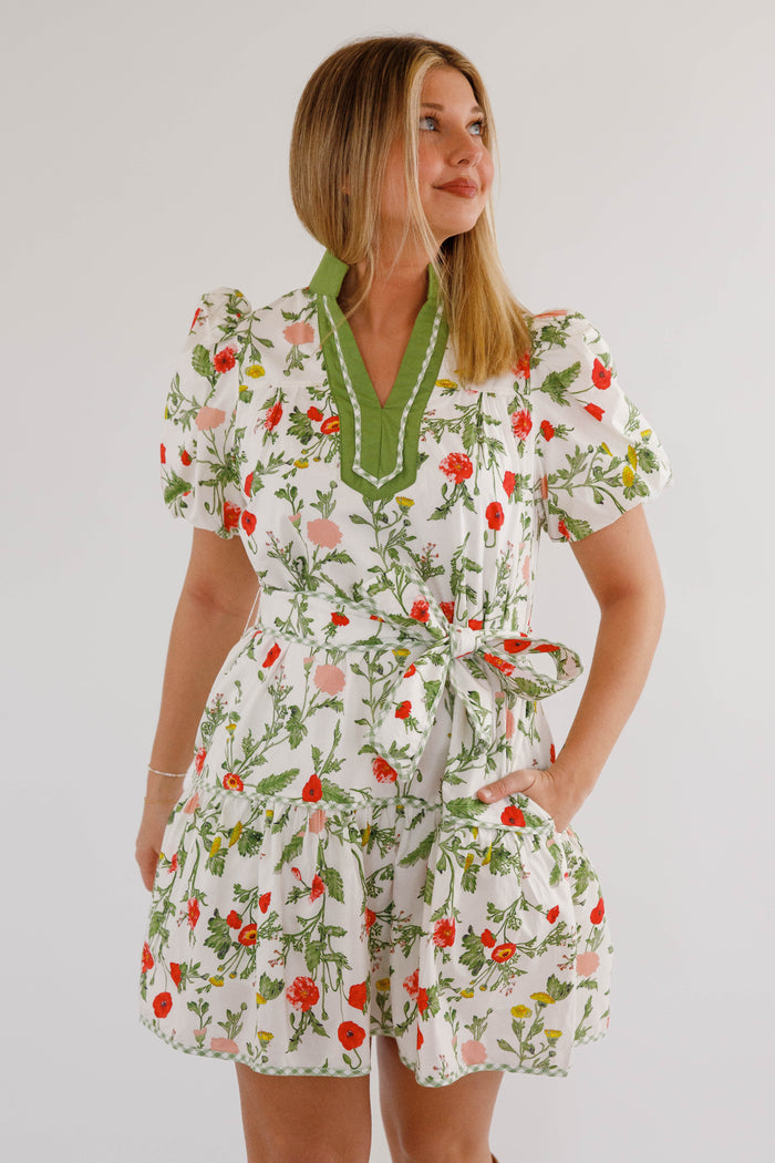 Cottagecore Puff Sleeve Dress- Green Trim Boutique Spring Dress