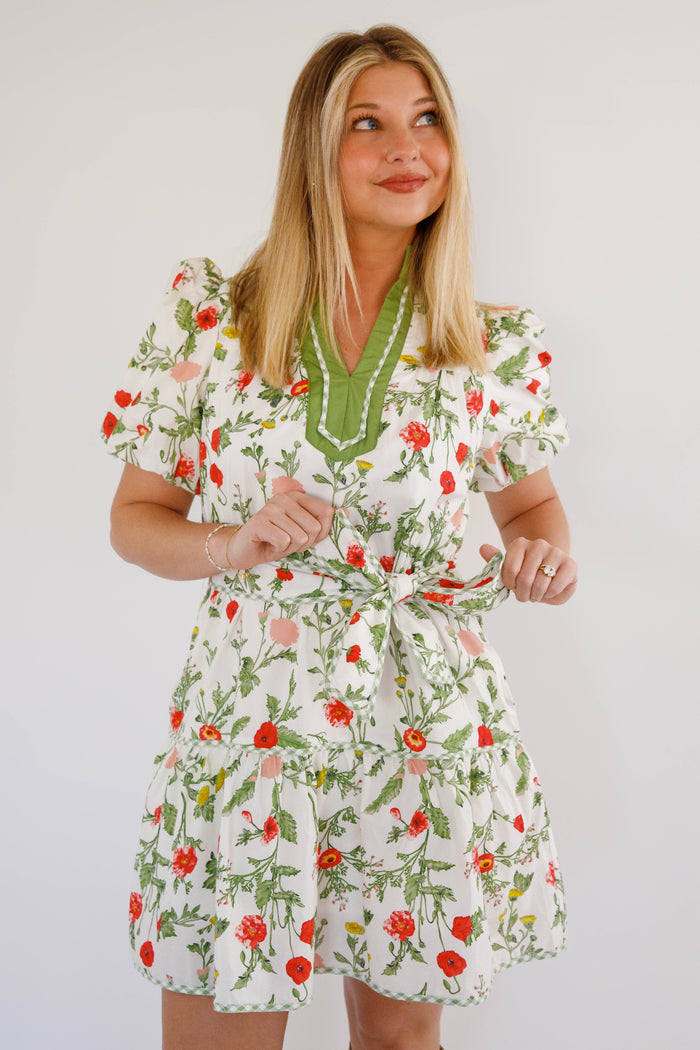 Cottagecore Puff Sleeve Dress- Green Trim Boutique Spring Dress