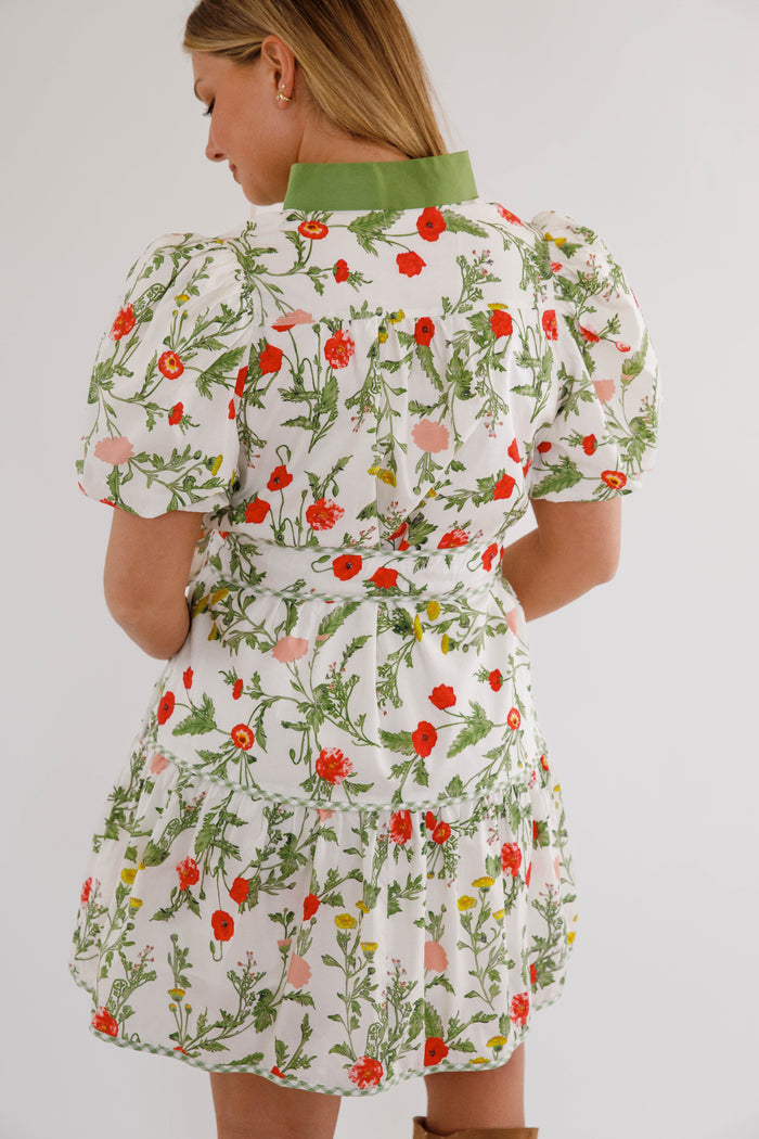 Cottagecore Puff Sleeve Dress- Green Trim Boutique Spring Dress