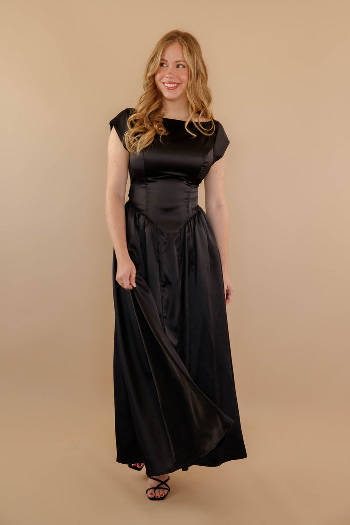 Women's Black Satin Maxi Dress- Women's Drop Waist Black Dress- Cocktail Dresses
