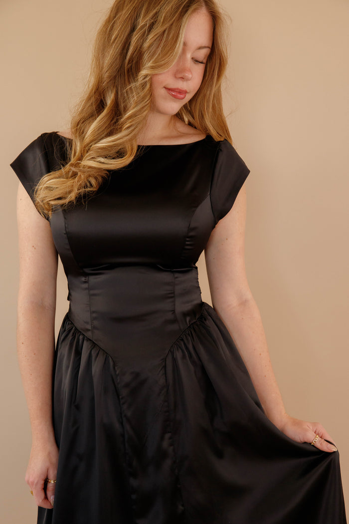 Women's Black Satin Maxi Dress- Women's Drop Waist Black Dress- Cocktail Dresses