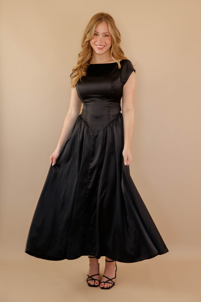 Women's Black Satin Maxi Dress- Women's Drop Waist Black Dress- Cocktail Dresses