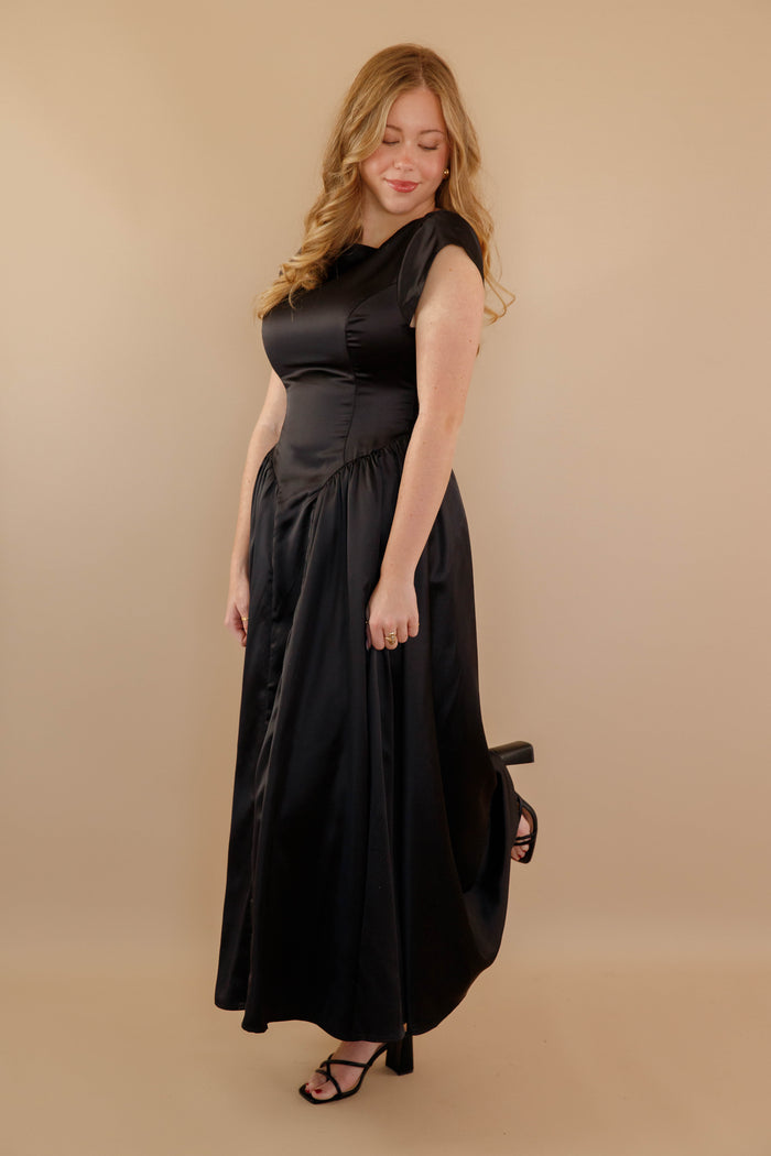 Women's Black Satin Maxi Dress- Women's Drop Waist Black Dress- Cocktail Dresses