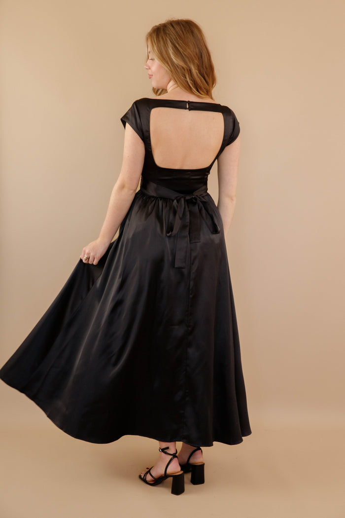 Women's Black Satin Maxi Dress- Women's Drop Waist Black Dress- Cocktail Dresses