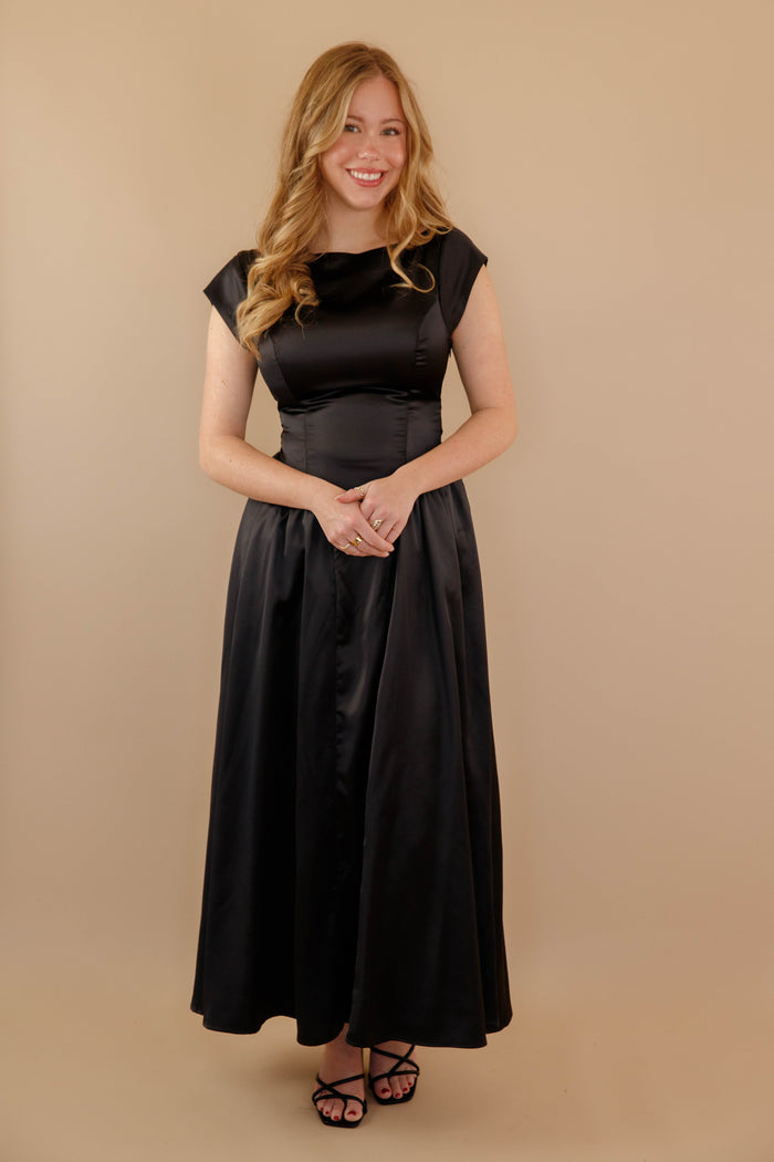 Women's Black Satin Maxi Dress- Women's Drop Waist Black Dress- Cocktail Dresses