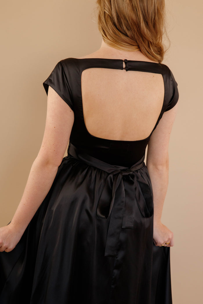 Women's Black Satin Maxi Dress- Women's Drop Waist Black Dress- Cocktail Dresses