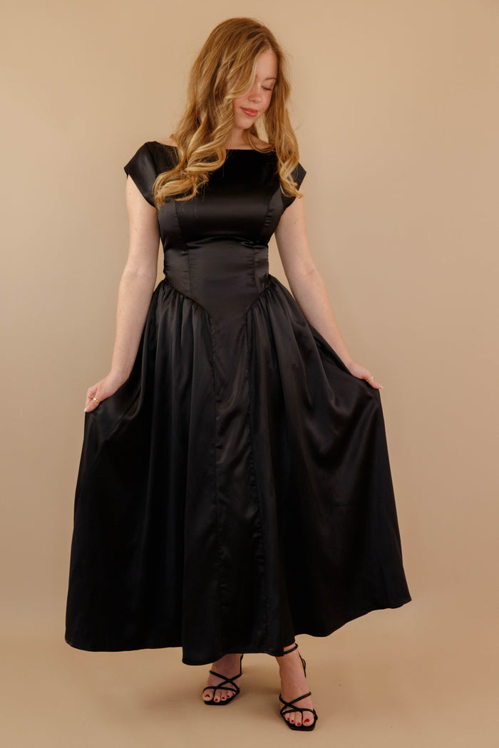 Women's Black Satin Maxi Dress- Women's Drop Waist Black Dress- Cocktail Dresses