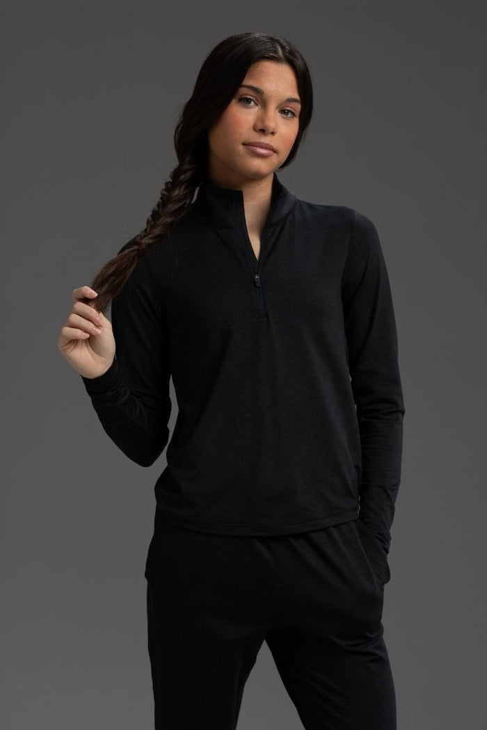 Person wearing a black outfit against a gray background || black