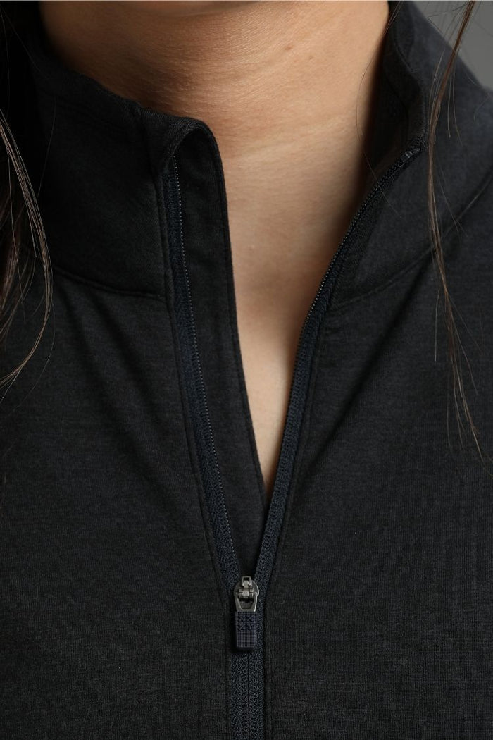 Close-up of a black zip-up garment with a neutral background || black