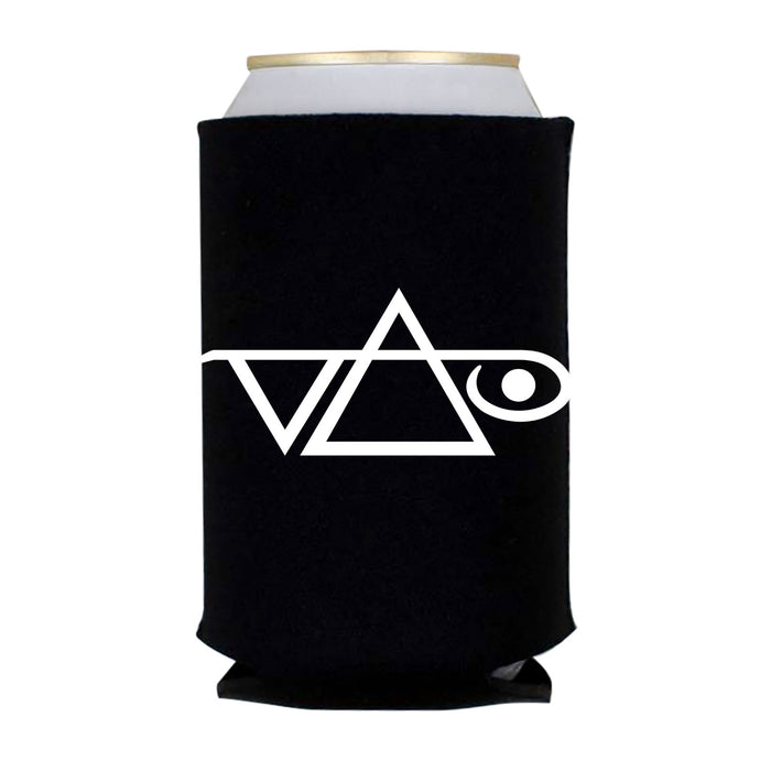 A black Steve Vai Koozy with a white triangle, intersecting line, and stylized eye graphic on the right. The Inviolate White Logo Koozy securely holds a silver-topped can inside.
