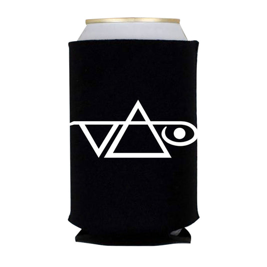 A black Steve Vai Koozy with a white triangle, intersecting line, and stylized eye graphic on the right. The Inviolate White Logo Koozy securely holds a silver-topped can inside.