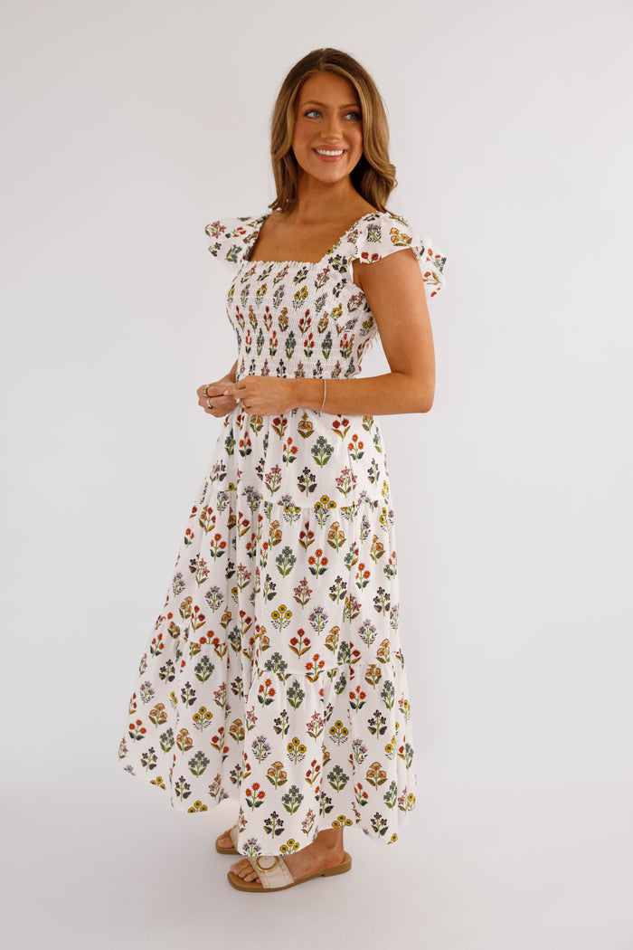 Smocked Floral Maxi Dress – Feminine Square Neck Cottagecore Dress- Smocked Entro Maxi Dress