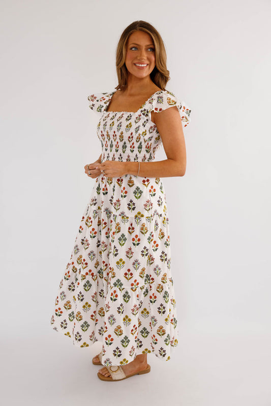 Smocked Floral Maxi Dress – Feminine Square Neck Cottagecore Dress- Smocked Entro Maxi Dress
