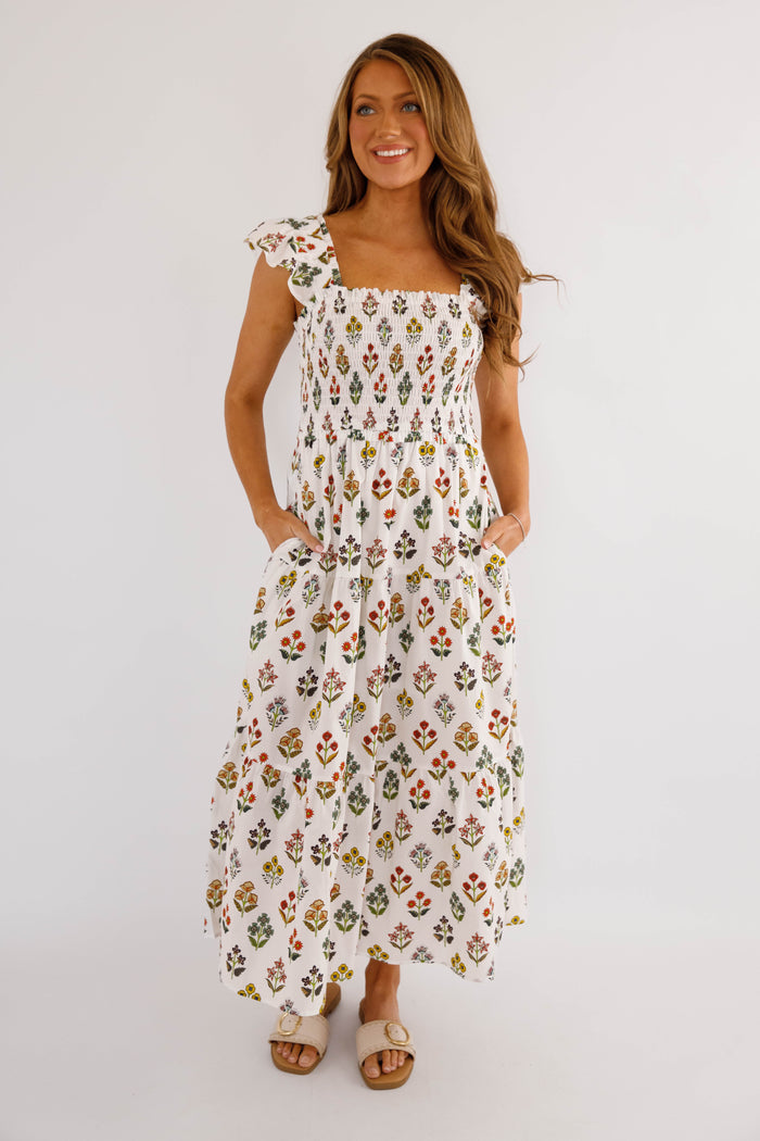 Smocked Floral Maxi Dress – Feminine Square Neck Cottagecore Dress- Smocked Entro Maxi Dress