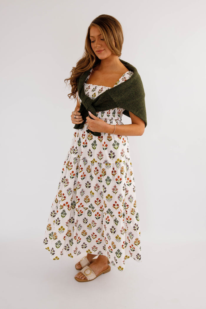 Smocked Floral Maxi Dress – Feminine Square Neck Cottagecore Dress- Smocked Entro Maxi Dress