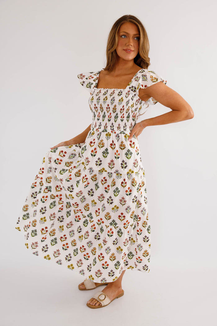 Smocked Floral Maxi Dress – Feminine Square Neck Cottagecore Dress- Smocked Entro Maxi Dress
