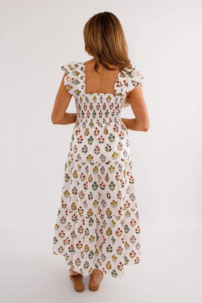 Smocked Floral Maxi Dress – Feminine Square Neck Cottagecore Dress- Smocked Entro Maxi Dress