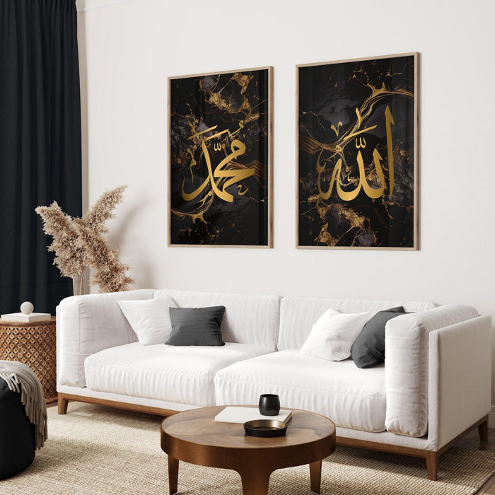 Close-up of Arabic calligraphy in gold on black marble background Allah Muhammad