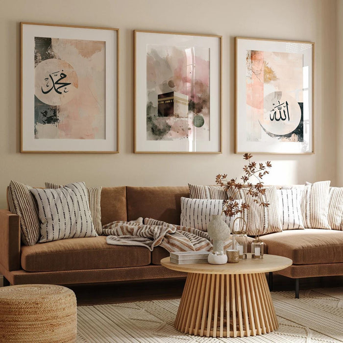 islamic abstract watercolor wall art panel 1 with blue and soft gold tones
