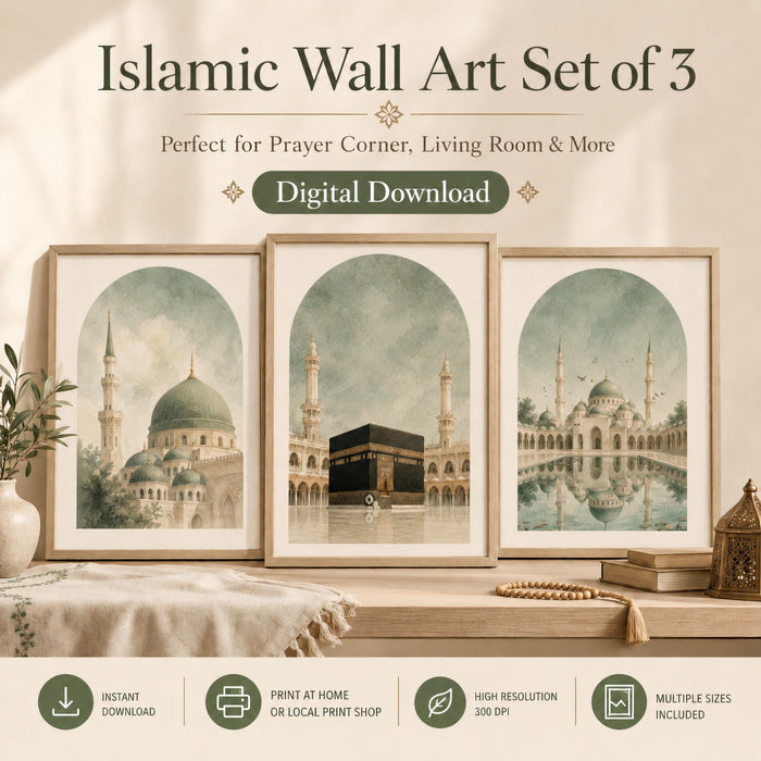 Three-panel Islamic wall art with Kaaba motif in sage green — panel 1