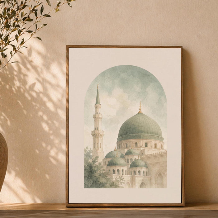 Islamic wall art set of 3: Kaaba and Medina elements in sage green — panel 3