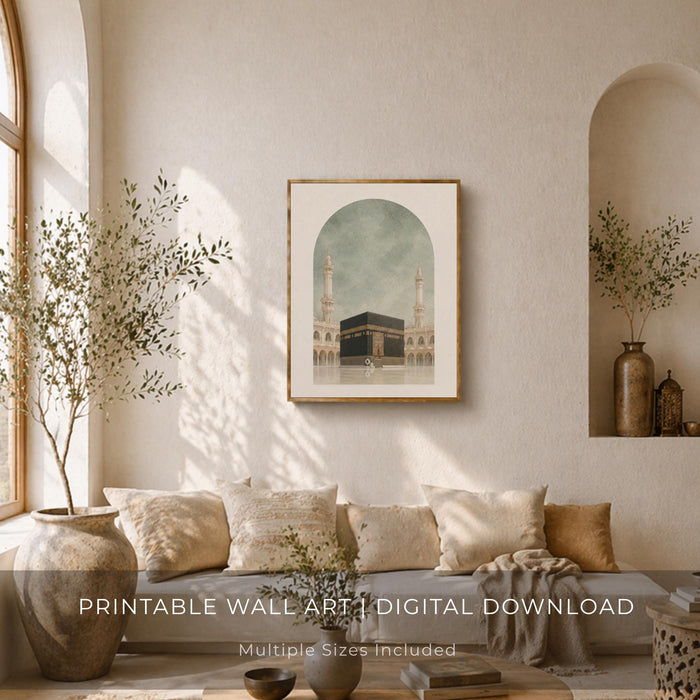 Kaaba motif wall decor with Medina design in sage green — panel 3