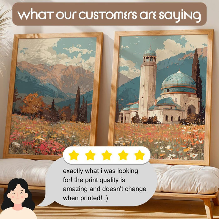 Mosque landscape panel with soft sky tones in abstract Islamic art collection