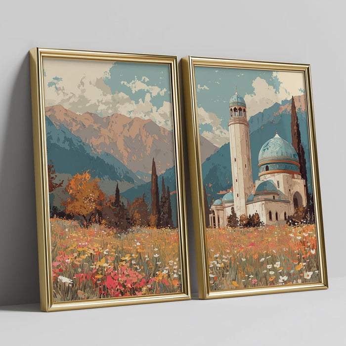 Warm-toned horizon panel forming triptych with Shahada art