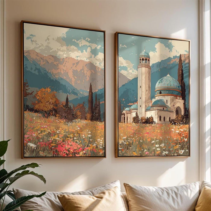 Cool-toned abstract architectural panel from Islamic wall art