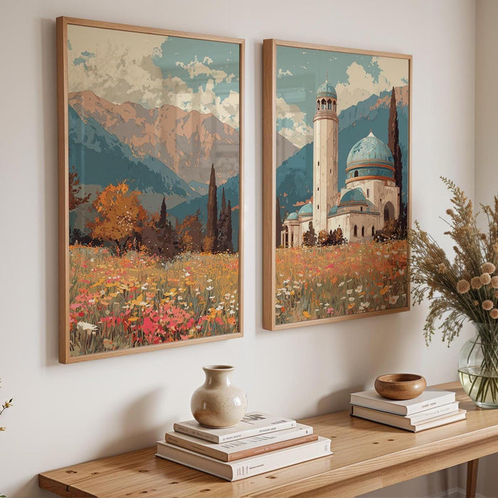 Overall view of multi-panel Shahada and mosque landscape set