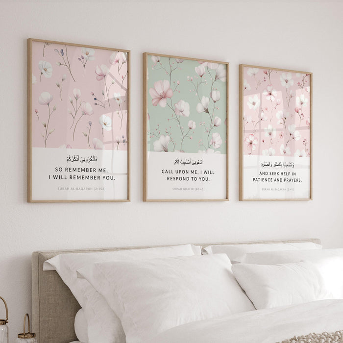 Close-up color detail showing sage green and pink Quran verses