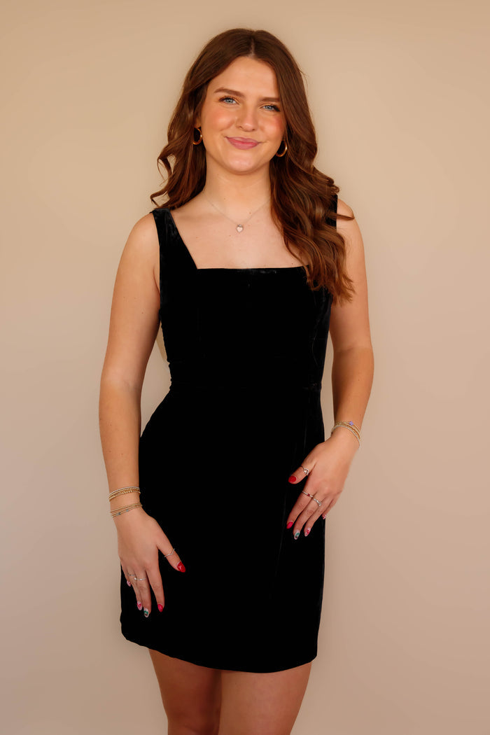 Women's Black Velvet Mini Dress- Women's Bow Back Dress- Women's Black Bow Dress