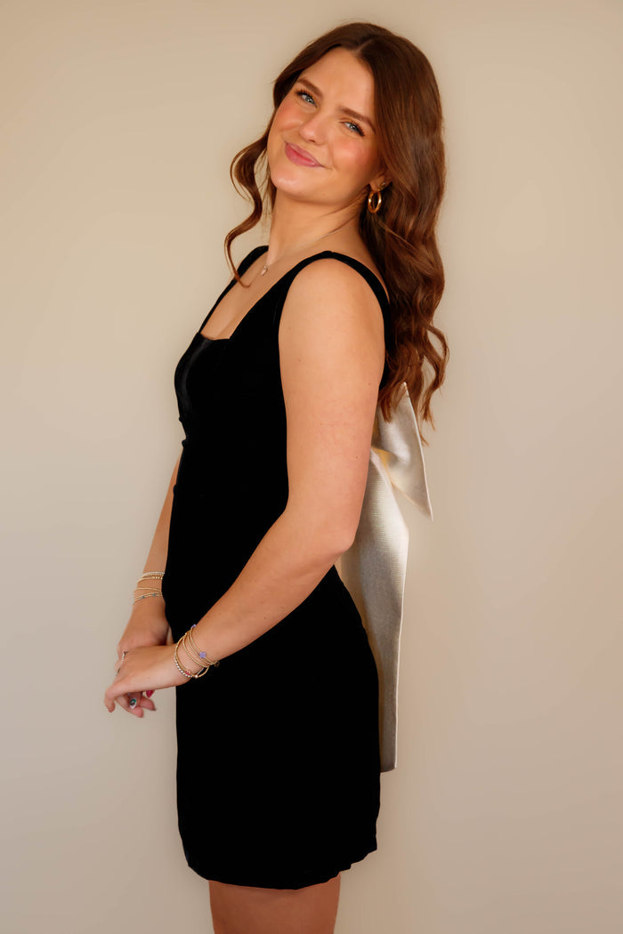 Women's Black Velvet Mini Dress- Women's Bow Back Dress- Women's Black Bow Dress
